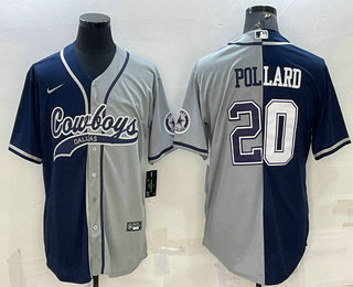 Men's Dallas Cowboys #20 Tony Pollard Navy Grey Split With Patch Cool Base Stitched Baseball Jersey