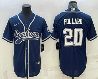 Men's Dallas Cowboys #20 Tony Pollard Navy With Patch Cool Base Stitched Baseball Jersey