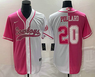 Men's Dallas Cowboys #20 Tony Pollard Pink White Two Tone With Patch Cool Base Stitched Baseball Jersey