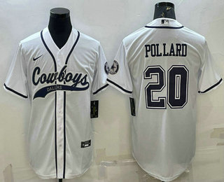 Men's Dallas Cowboys #20 Tony Pollard White With Patch Cool Base Stitched Baseball Jersey