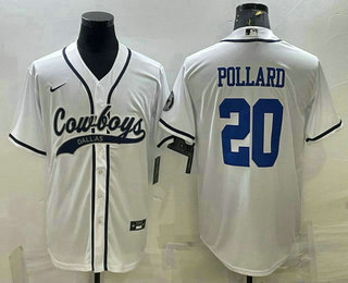 Men's Dallas Cowboys #20 Tony Pollard White With Patch Cool Base Stitched Baseball Jersey