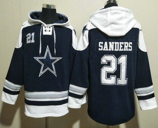 Men's Dallas Cowboys #21 Deion Sanders Navy Blue Ageless Must Have Lace Up Pullover Hoodie