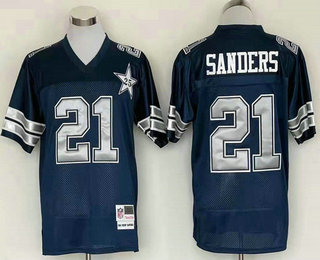 Men's Dallas Cowboys #21 Deion Sanders Navy Blue With 25TH Patch Throwback Stitched Jersey