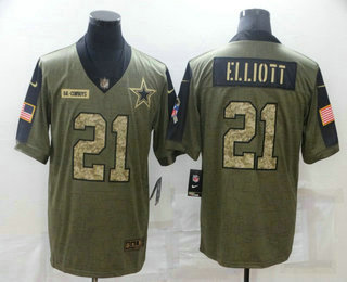 Men's Dallas Cowboys #21 Ezekiel Elliott 2021 Olive Camo Salute To Service Limited Stitched Jersey