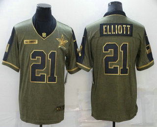 Men's Dallas Cowboys #21 Ezekiel Elliott 2021 Olive Salute To Service Golden Limited Stitched Jersey