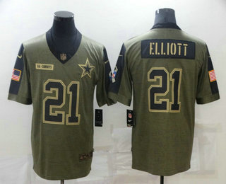 Men's Dallas Cowboys #21 Ezekiel Elliott 2021 Olive Salute To Service Limited Stitched Jersey