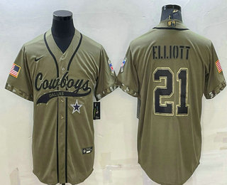 Men's Dallas Cowboys #21 Ezekiel Elliott 2022 Olive Salute to Service Cool Base Stitched Baseball Jersey