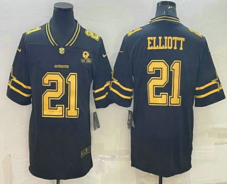 Men's Dallas Cowboys #21 Ezekiel Elliott Black Gold Edition With 1960 Patch Limited Stitched Football Jersey