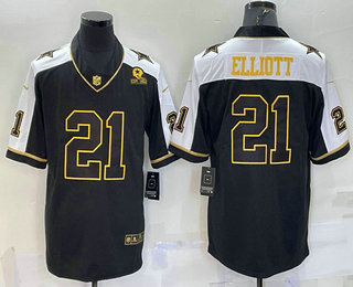 Men's Dallas Cowboys #21 Ezekiel Elliott Black Gold Thanksgiving With Patch Stitched Jersey