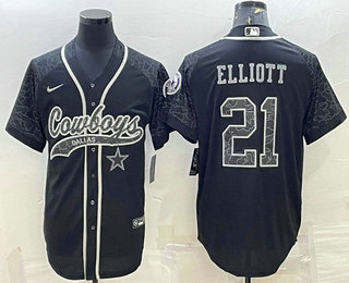 Men's Dallas Cowboys #21 Ezekiel Elliott Black Reflective With Patch Cool Base Stitched Baseball Jersey