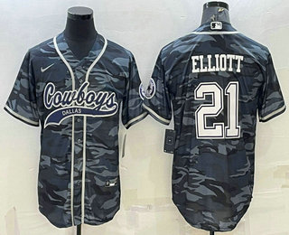 Men's Dallas Cowboys #21 Ezekiel Elliott Grey Camo With Patch Cool Base Stitched Baseball Jersey