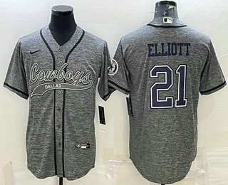 Men's Dallas Cowboys #21 Ezekiel Elliott Grey Gridiron With Patch Cool Base Stitched Baseball Jersey