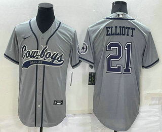 Men's Dallas Cowboys #21 Ezekiel Elliott Grey Stitched Cool Base Nike Baseball Jersey