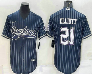 Men's Dallas Cowboys #21 Ezekiel Elliott Navy Blue Pinstripe With Patch Cool Base Stitched Baseball Jersey