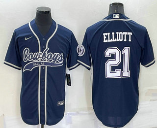 Men's Dallas Cowboys #21 Ezekiel Elliott Navy Blue Stitched Cool Base Nike Baseball Jersey