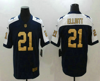 Men's Dallas Cowboys #21 Ezekiel Elliott Navy Blue Thanksgiving With Gold 2017 Vapor Untouchable Stitched NFL Nike Limited Jersey