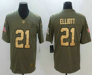 Men's Dallas Cowboys #21 Ezekiel Elliott Olive with Gold 2017 Salute To Service Stitched NFL Nike Limited Jersey