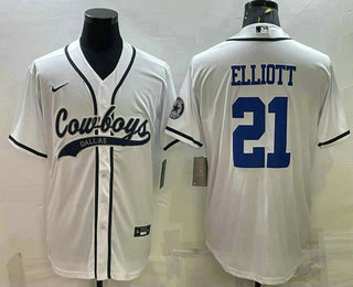 Men's Dallas Cowboys #21 Ezekiel Elliott White With Patch Cool Base Stitched Baseball Jersey