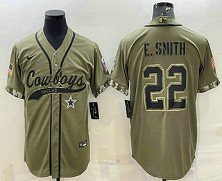 Men's Dallas Cowboys #22 Emmitt Smith 2022 Olive Salute to Service Cool Base Stitched Baseball Jersey