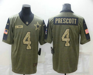 Men's Dallas Cowboys #4 Dak Prescott 2021 Olive Camo Salute To Service Limited Stitched Jersey