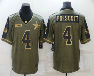 Men's Dallas Cowboys #4 Dak Prescott 2021 Olive Gold Salute To Service Limited Stitched Jersey