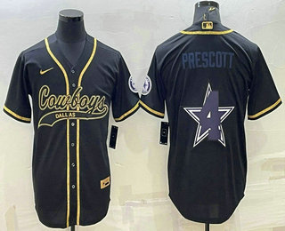 Men's Dallas Cowboys #4 Dak Prescott Black Gold Team Big Logo With Patch Cool Base Stitched Baseball Jersey