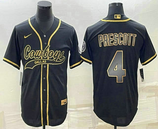 Men's Dallas Cowboys #4 Dak Prescott Black Gold With Patch Cool Base Stitched Baseball Jersey