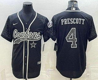 Men's Dallas Cowboys #4 Dak Prescott Black Reflective With Patch Cool Base Stitched Baseball Jersey