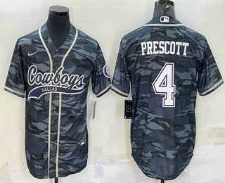 Men's Dallas Cowboys #4 Dak Prescott Grey Camo With Patch Cool Base Stitched Baseball Jersey