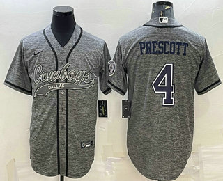 Men's Dallas Cowboys #4 Dak Prescott Grey Gridiron With Patch Cool Base Stitched Baseball Jersey