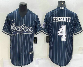 Men's Dallas Cowboys #4 Dak Prescott Navy Blue Pinstripe With Patch Cool Base Stitched Baseball Jersey