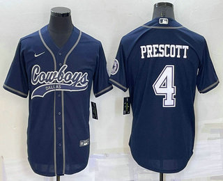 Men's Dallas Cowboys #4 Dak Prescott Navy Blue Stitched Cool Base Nike Baseball Jersey