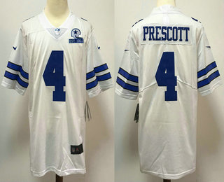 Men's Dallas Cowboys #4 Dak Prescott White 60th Seasons Patch Vapor Untouchable Stitched NFL Nike Limited Jersey