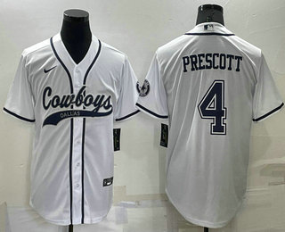 Men's Dallas Cowboys #4 Dak Prescott White Stitched Cool Base Nike Baseball Jersey