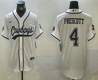 Men's Dallas Cowboys #4 Dak Prescott White With Navy Name Cool Base Stitched Baseball Jersey