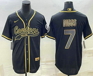 Men's Dallas Cowboys #7 Trevon Diggs Black Gold With Patch Cool Base Stitched Baseball Jersey