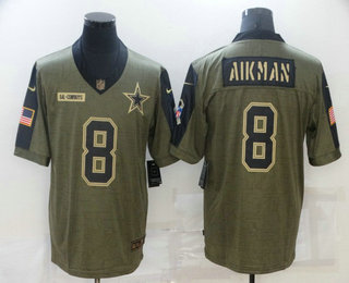 Men's Dallas Cowboys #8 Troy Aikman 2021 Olive Salute To Service Limited Stitched Jersey