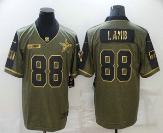 Men's Dallas Cowboys #88 CeeDee Lamb 2021 Olive Salute To Service Golden Limited Stitched Jersey