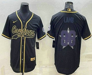 Men's Dallas Cowboys #88 CeeDee Lamb Black Gold Team Big Logo With Patch Cool Base Stitched Baseball Jersey