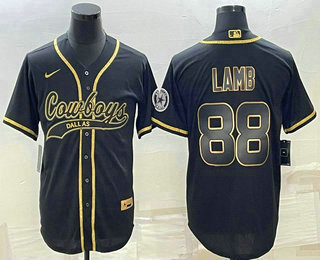 Men's Dallas Cowboys #88 CeeDee Lamb Black Gold With Patch Cool Base Stitched Baseball Jersey