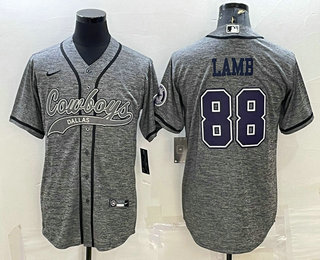 Men's Dallas Cowboys #88 CeeDee Lamb Grey Gridiron With Patch Cool Base Stitched Baseball Jersey