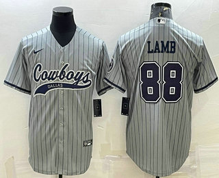 Men's Dallas Cowboys #88 CeeDee Lamb Grey With Patch Cool Base Stitched Baseball Jersey