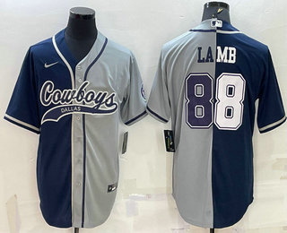 Men's Dallas Cowboys #88 CeeDee Lamb Navy Blue Grey Two Tone With Patch Cool Base Stitched Baseball Jersey