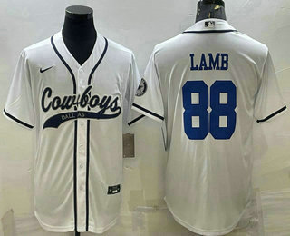 Men's Dallas Cowboys #88 CeeDee Lamb White With Patch Cool Base Stitched Baseball Jersey