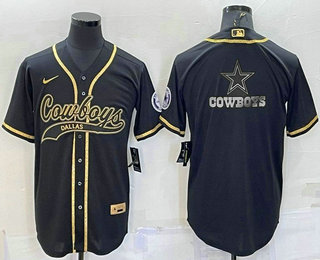 Men's Dallas Cowboys Black Gold Team Big Logo With Patch Cool Base Stitched Baseball Jersey