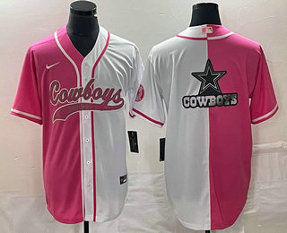 Men's Dallas Cowboys Blank Big Logo Pink White Two Tone With Patch Cool Base Stitched Baseball Jersey