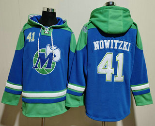 Men's Dallas Mavericks #41 Dirk Nowitzki Blue Ageless Must Have Lace Up Pullover Hoodie