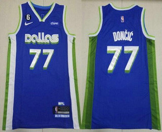 Men's Dallas Mavericks #77 Luka Doncic Blue 2022 City 6 Patch Icon Sponsor Swingman Jersey