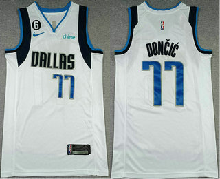 Men's Dallas Mavericks #77 Luka Doncic White With No 6 Patch 2022 Stitched Jersey With Sponsor