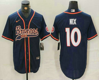 Men's Denver Broncos #10 Bo Nix Navy Cool Base Stitched Baseball Jersey